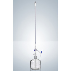 Buretta automatica secondo Pellet, 50 ml, grad. 0.1 ml, classe AS, DURAN®, vetro trasparente, conformità certificata, con rubinetto laterale in PTFE con valvola intermedia, graduazioni blu, lungh. 500 mm, SENZA BOTTIGLIA