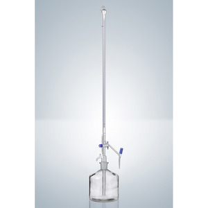 Buretta automatica, tipo Pellet, 10 ml, 0.02 ml, classe AS, in DURAN®, vetro trasparente, conformità certificata, con mandrino in PTFE (senza bottiglia)