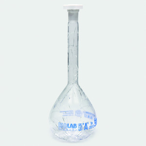 Fiole jaugée, verre borosilicate 3.3, classe A, graduation bleue, avec bouchon en PE, avec revêtement